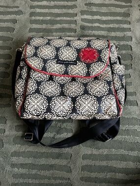 Petunia Pickle Bottom Black and White Patterned Backpack with Red Accent